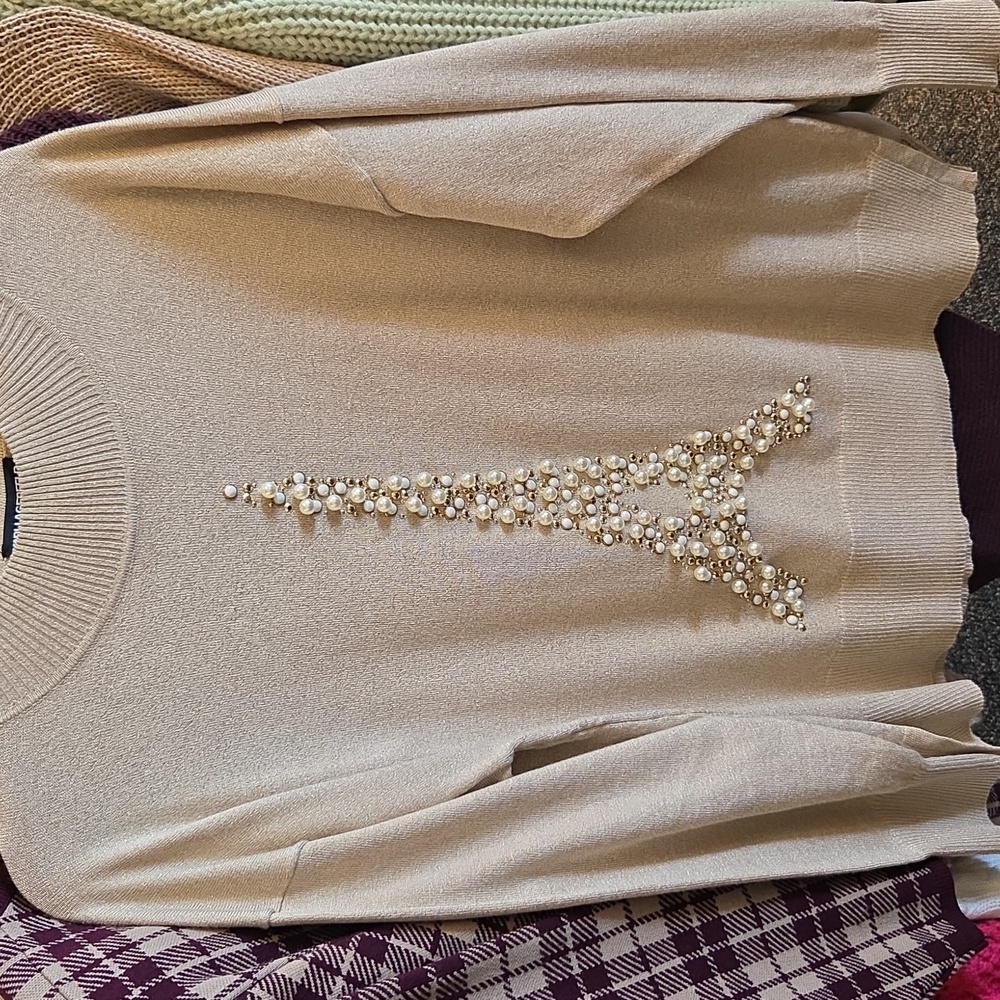 Karl Lagerfeld Women’s Tan Paris Embellished Eiffel Tower Sweater Size M